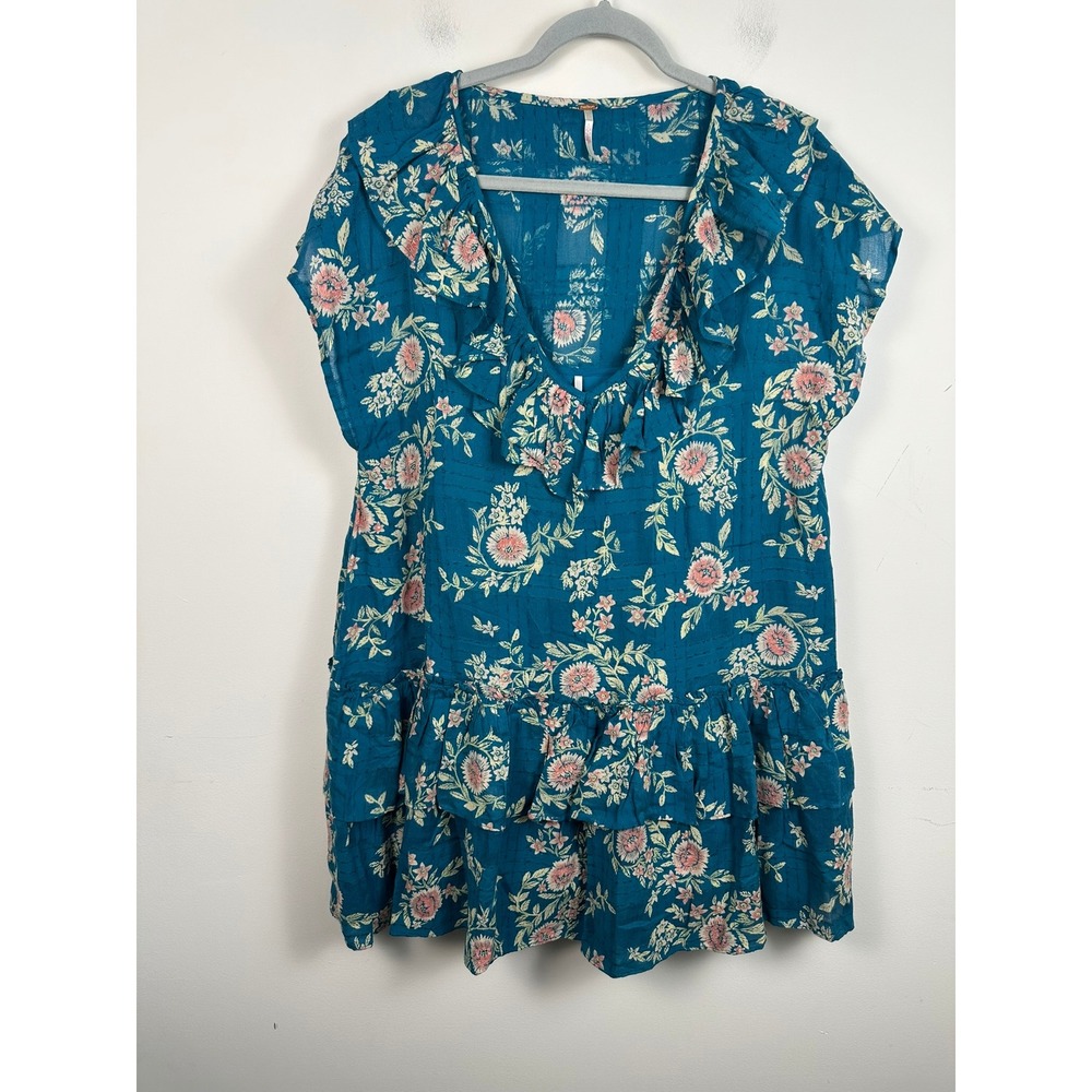 Free People Mini Dress Women S Teal Blue Excellent Boho Floral Ruffle‎ OB1338660